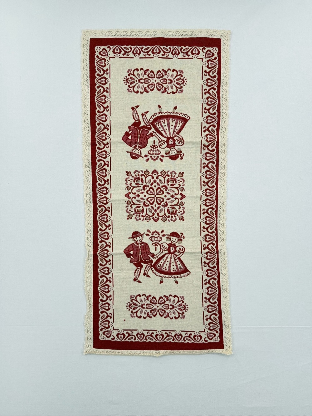 Vintage European Folk Art Table Runner Red Cream Lace Trim Cottage Decor